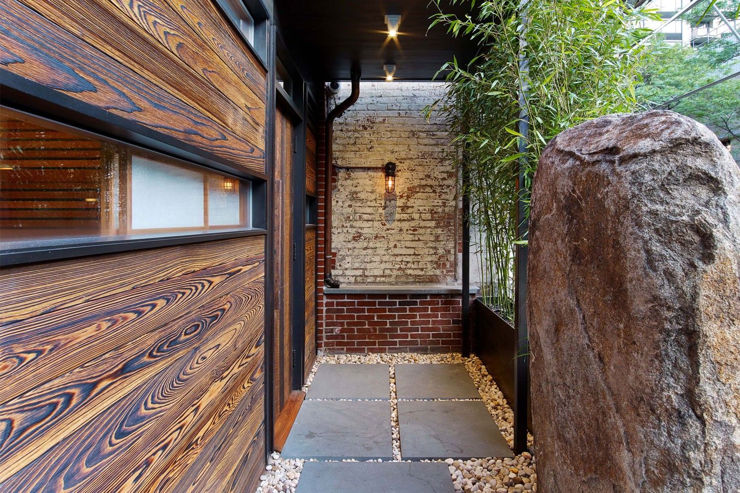 Restaurant exterior wood paneling and window